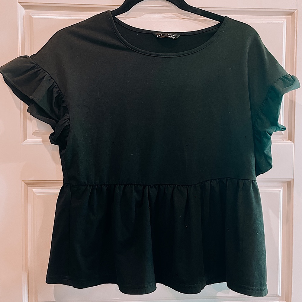 SHEIN black ruffle sleeve peplum blouse.